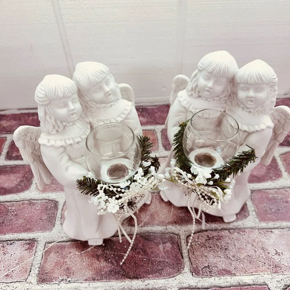 Pair of Ceramic Angel Votive Candle Holders - Christmas Holiday‎ - Vintage 1997